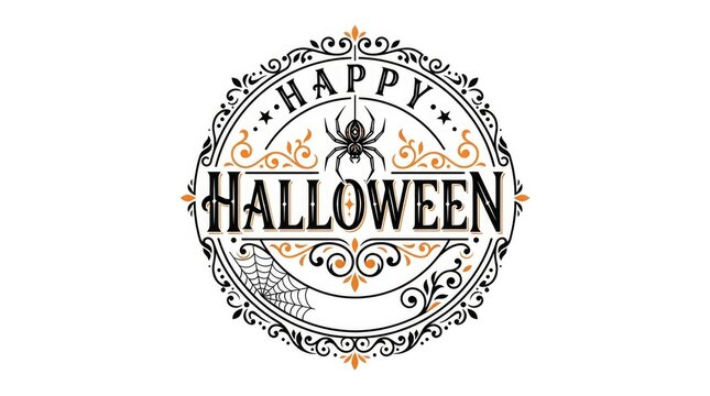 A decorative vintage style emblem design featuring a spider and intricate ornaments showing how halloween celebrated with festive spooky holiday spirit