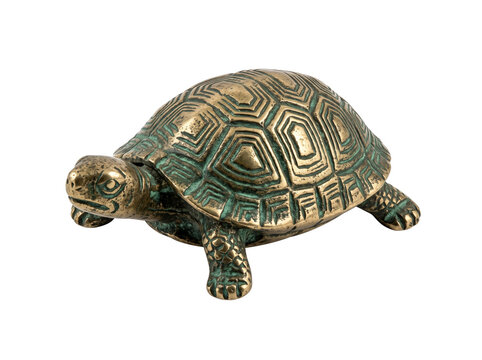 Vintage bronze turtle statue figurine with antique patina on black background, crafted brass tortoise sculpture symbolizing feng shui longevity, wisdom, metal artwork collectible, isolated studio shot