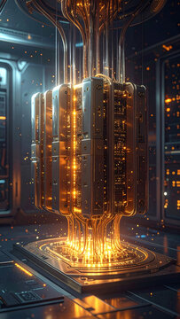 Glowing with golden energy, a futuristic quantum computer stands in a sleek tech laboratory with nobody. Inspiring innovation, this visual represents AI power and supercomputing.