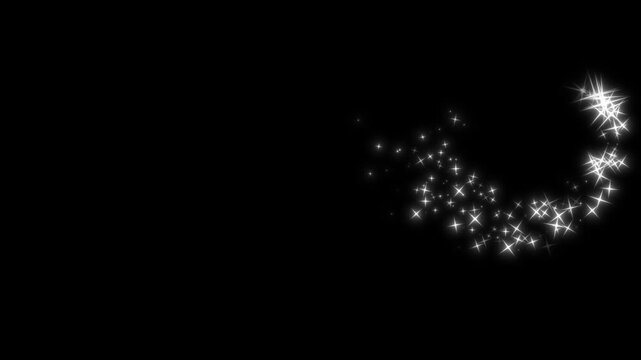 Sparkling fairy dust trail, glowing white glitter stars, magical, luxury starlight line effect, elegant light overlay transition, seamless cinematic motion background, black background. 4k animation