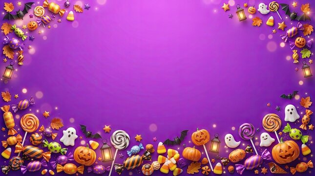 Festive halloween border with candy pumpkins and spooky treats on a purple background