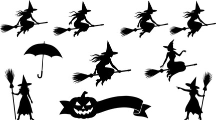 Fototapeta premium Halloween witch silhouette collection, flying witches on broomsticks vector set, spooky pumpkin and umbrella icons for party decor