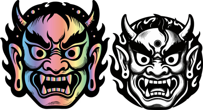 Japanese Hannya mask vector set, traditional oni demon head illustrations, colorful and black white devil faces for tattoos and apparel
