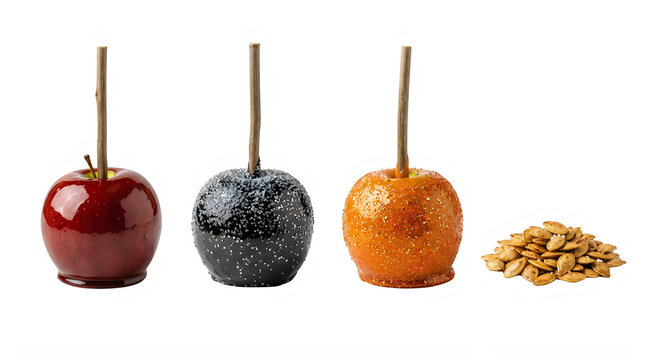 Assorted candied apples on sticks, candy apple trio, caramel, chocolate, and red glazed, crunchy pumpkin seeds, Halloween treats, festive sweets, autumn desserts Halloween
