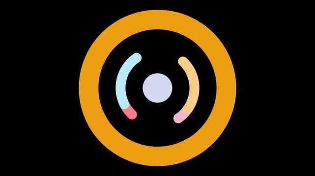 Minimalist loading animation with colorful concentric circles. Rotating motion graphic on black background. Modern flat design UI element.