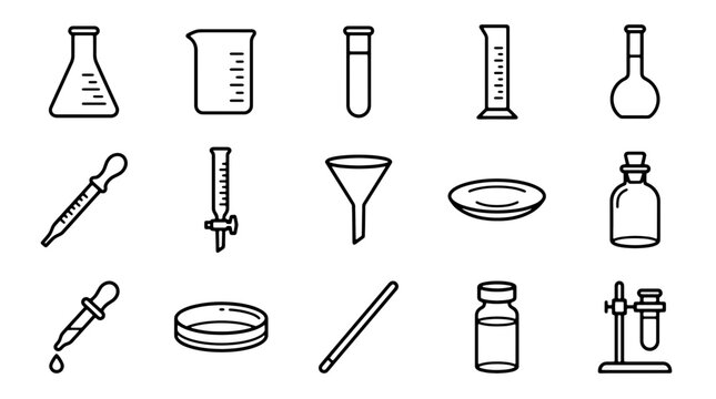 Science laboratory glassware icons, 15 chemistry equipment line art vectors. Minimalist lab glass apparatus set for medical research and education.