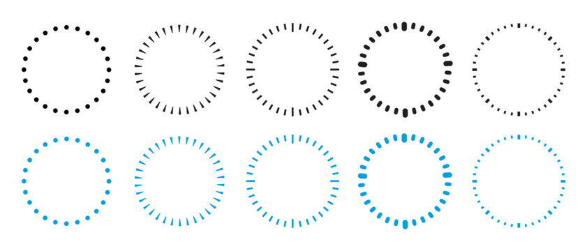 Set of circular clock dial frame borders featuring dashed dotted line round vector decorative elements for design