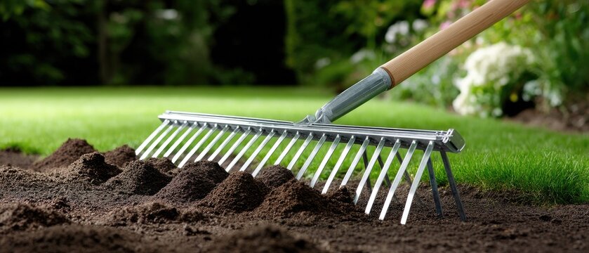 Garden rake on dark brown soil ready for planting with green grass in bright sunlight
