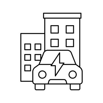 Electric vehicle EV charging at city building apartment line icon