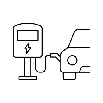 Electric vehicle EV connected to public charging station terminal line icon