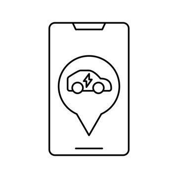 Electric vehicle EV charging station map app on smartphone line icon