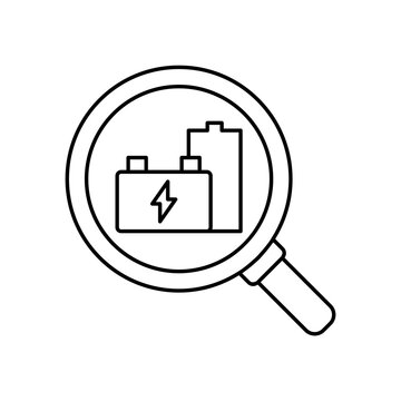 Electric vehicle EV battery health inspection magnifying glass line icon