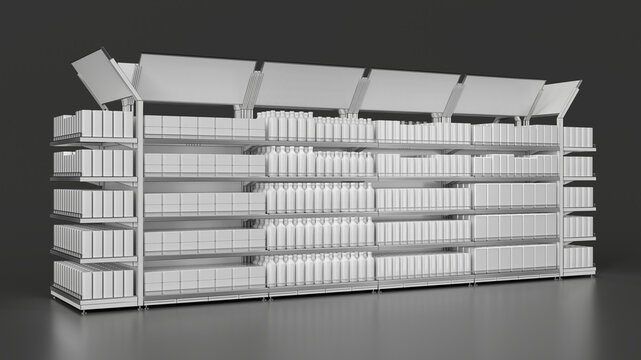 Retail gondola shelving mockup with angled blank toppers and blank goods. 3d illustration on grey background