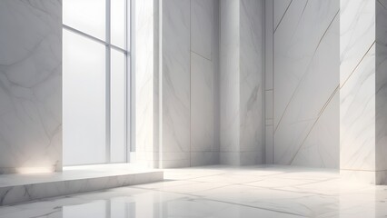 Fototapeta premium Modern minimalist luxury interior with white marble walls and polished floor, bright natural light, spacious clean design, empty room.