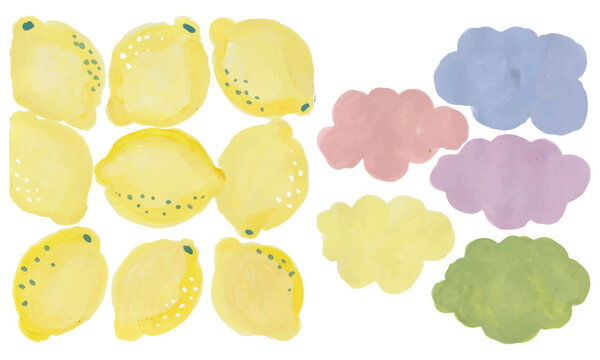 Group of lemons and colorful clouds hand drawn watercolor art