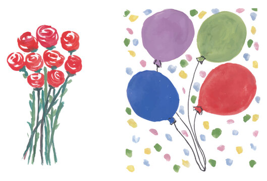 Red roses bouquet and colorful balloons hand drawn watercolour art