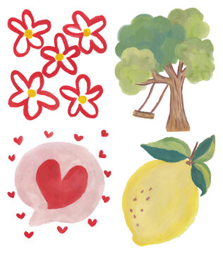 Red flowers with yellow center, tree with swing, heart bubble, and lemon hand drawn watercolor clip art