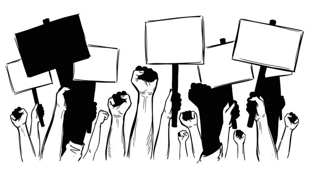 Hand Drawn Protest Crowd Illustration with Raised Fists and Blank Placards for Political Rallies Strike Demonstrations Revolution and Human Rights Campaigns