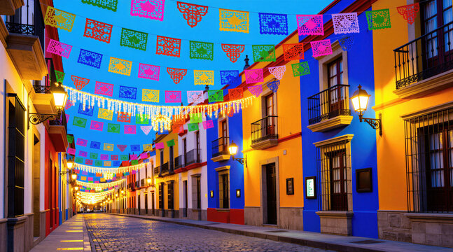 Narrow Mexican street decorated with colorful paper flags for Three Kings Day festival. Vibrant yellow, blue colonial buildings align cobblestone path under glowing festive lights during evening