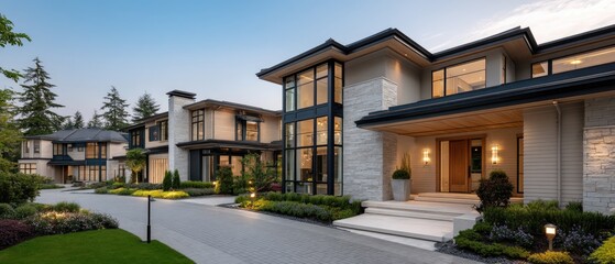 Fototapeta premium Modern houses designed with distinct modules and unique materials in an upscale neighborhood under a pale blue sky