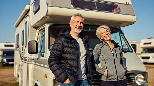 Smiling senior couple stands by RV camper van. They prepare for road trip adventure vacation. People enjoy outdoor travel lifestyle, freedom and leisure time together.