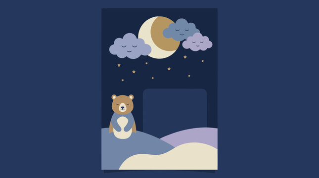Nursery bear night sky illustration, cute sleeping bear in starry landscape, moon and clouds nursery poster vector
