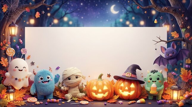 Spooky halloween background with cute monsters and pumpkins for festive designs