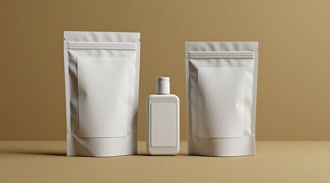 White pouch bags, cosmetic bottle stand on solid beige surface. Blank container mockups for product branding presentation. Clean minimalist design layout with soft lighting. Pro studio display for