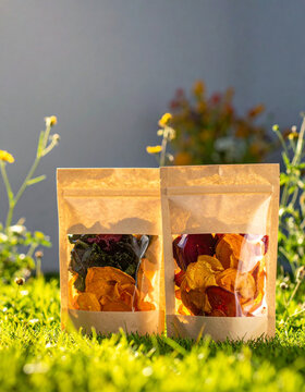 Translucent snack boxes made from cornstarch-based bioplastic are filled with veggie chips and sit on a bright green lawn.