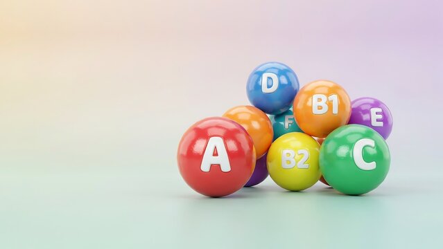 Colorful vitamin balls labeled with letters a, b1, b2, c, d, e