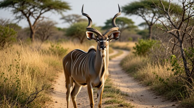 Adult male kudu antelope stands on dirt road in african savanna wilderness. Majestic wild mammal long spiral horns with large ears alertly facing forward. Dry grass plains with blurred acacia trees