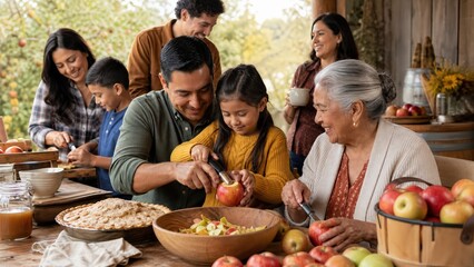Fototapeta premium Mexican family teaching a child how to core an apple safely