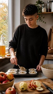 Turkish German non-binary teenager baking apple muffins after school