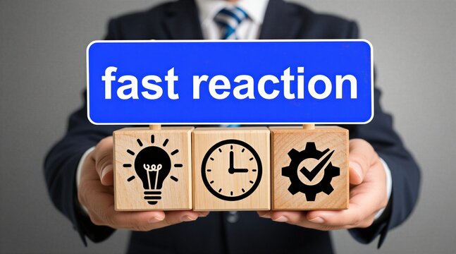 Businessman holds blue sign fast reaction with wooden blocks. Cubes feature clock light bulb gear icons for efficiency. Executive presents corporate strategy for agile business solution. Pro manager