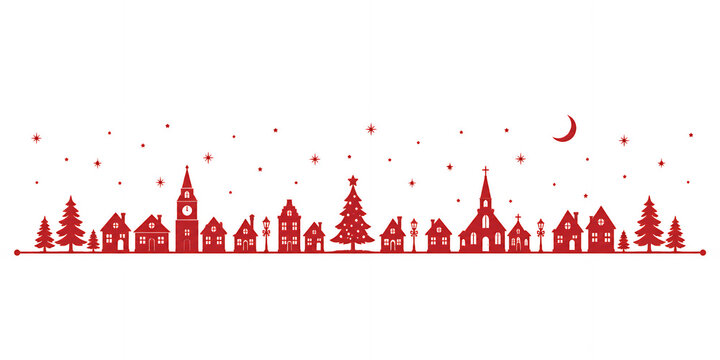 クリスマスの街並みと教会、ツリーを描いた赤いシルエットライン