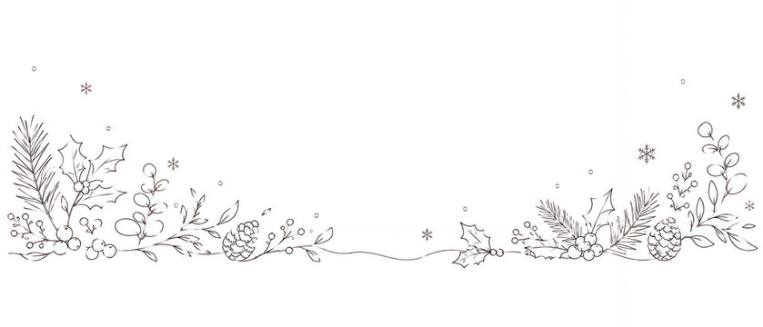 ヒイラギと松ぼっくり、冬の植物を描いた手描きボタニカル線画フレーム