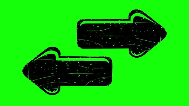 hand drawn style double opposite arrows animation with solid black fill and green chroma key background, featuring a vintage line boil wiggle effect
