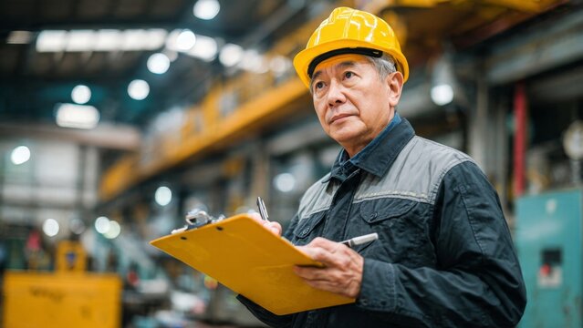 Middle aged asian man wearing a yellow hard hat and safety gear performs a safety checklist as a supervisor in an industrial setting ensuring a secure work environment