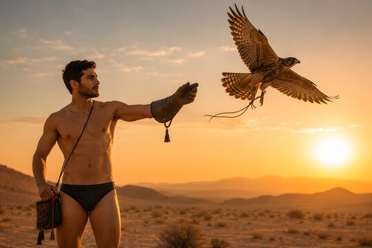 Adult male falconer wearing black brief-style attire and a protective leather falconry glove releases a bird of prey during golden hour in a vast desert landscape, with dramatic sunlight, distant dune