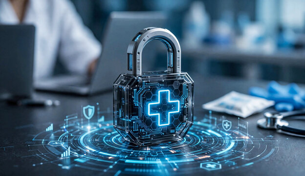 Glowing Cyber Padlock with Medical Cross Icon on Digital Shield Circuit Interface for Healthcare Cybersecurity Patient Data Privacy HIPAA Compliance and Hospital Network Protection