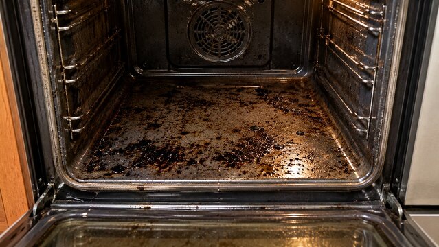Open residential oven showing realistic baked-on grease and food residue along bottom surface before cleaning