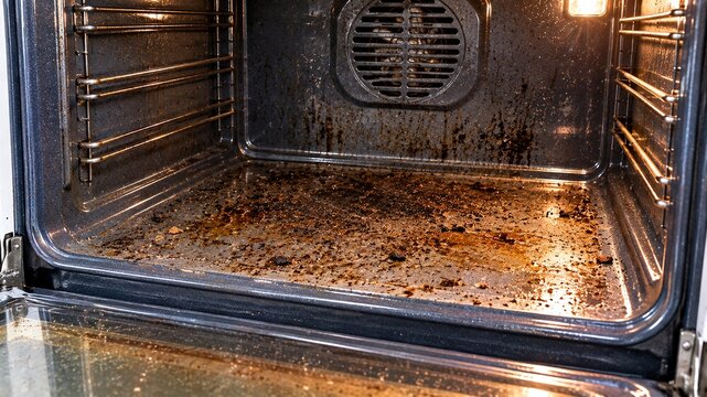 Open residential oven showing realistic baked-on grease and food residue along bottom surface before cleaning