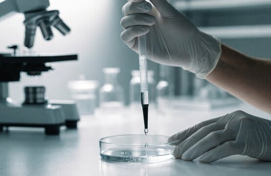 Researcher in a lab carefully using a pipette to transfer liquid onto a petri dish for biotechnology studies and medical evaluations