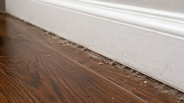 Close-up of hardwood floor edge with accumulated dust, pet hair and small debris where floor meets baseboard