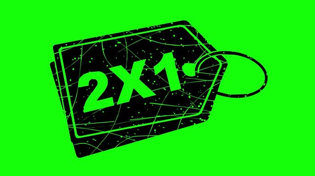 hand drawn style 2x1 price tag sale animation with black fill and line boil effect on green screen background. Perfect for retail promotions and commercial discounts