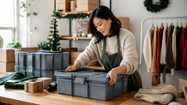 Korean woman closing reusable shipping containers after peak packing