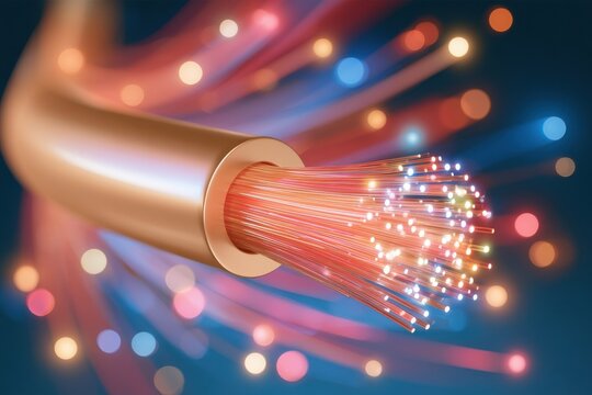Fiber optic cable end with glowing points and colorful light streams