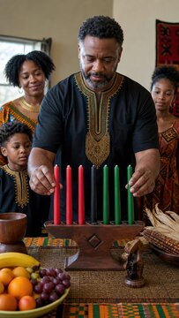 African American man placing seven candles correctly in a kinara