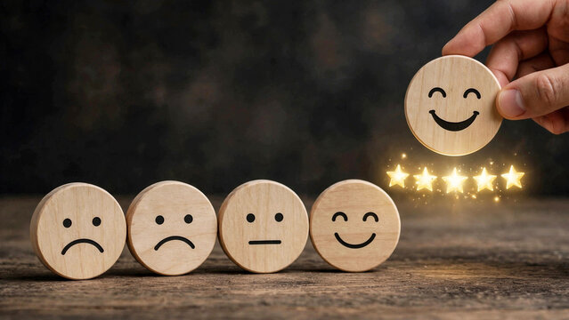 Hand picking happy smile face wooden circle for five star rating on table, customer service experience evaluation, user review feedback survey, excellent business client satisfaction concept