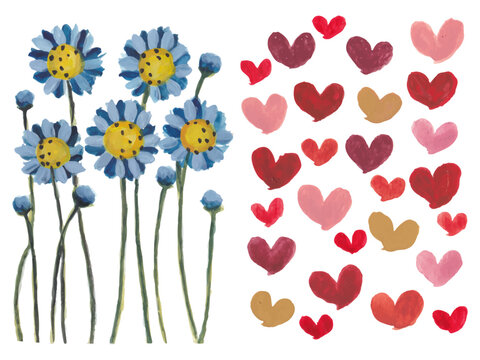Flowers and heart pattern hand drawn watercolor art